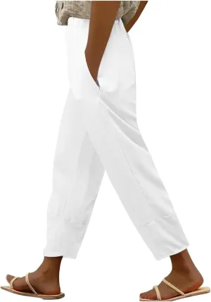 Women's Summer Pants Linen Casual High Waist Workout Wide Leg Straight Leg Baggy Trendy Yoga Lounge Trousers Pockets