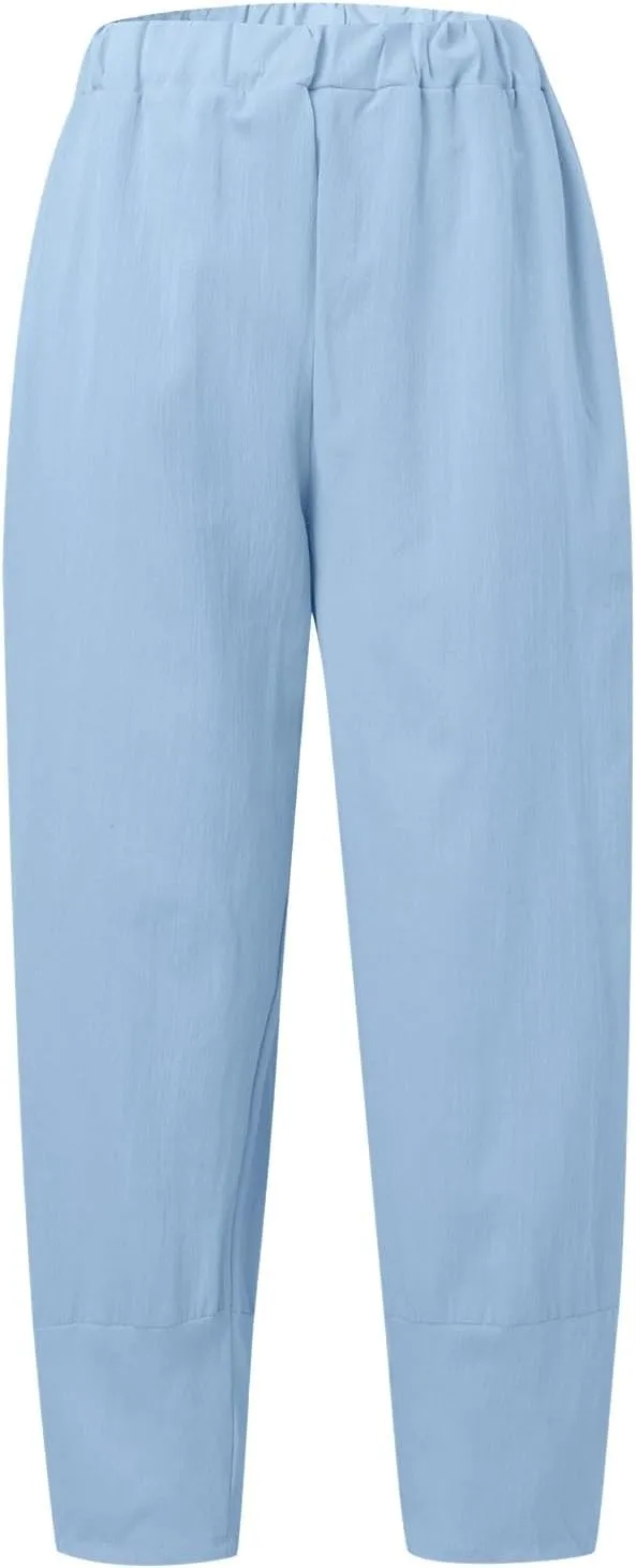 Women's Summer Pants Linen Casual High Waist Workout Wide Leg Straight Leg Baggy Trendy Yoga Lounge Trousers Pockets