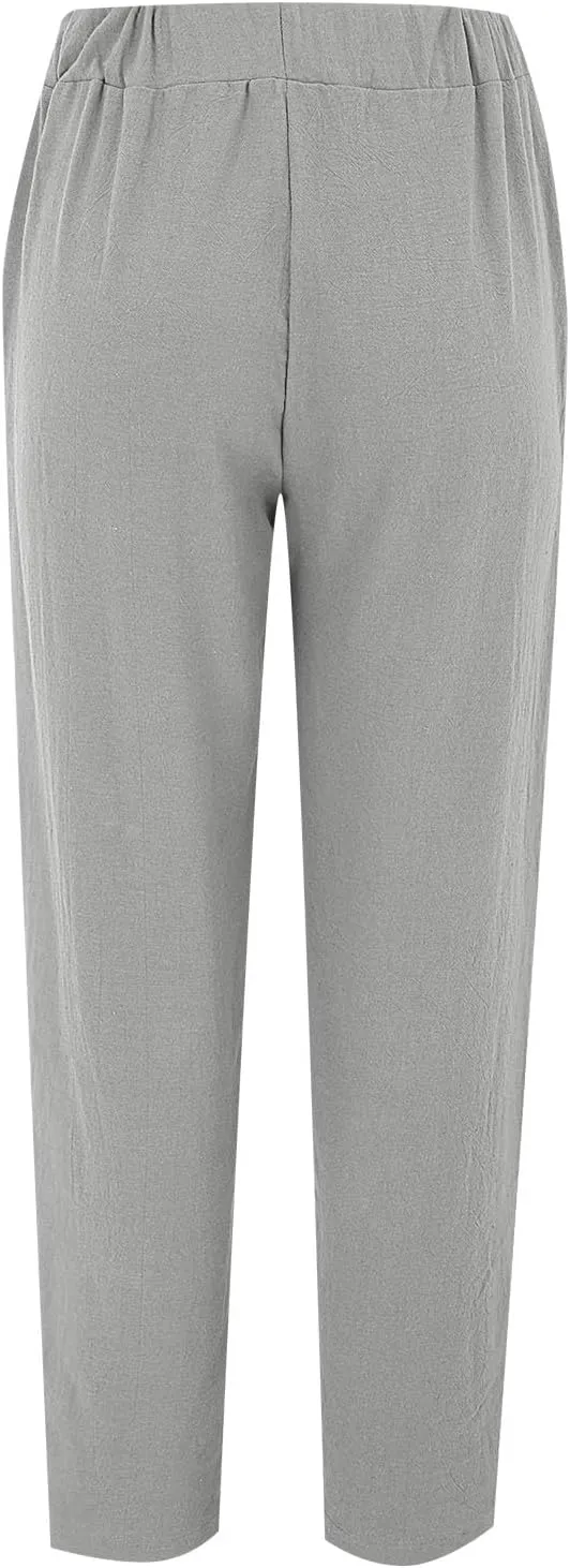 Women's Trendy Linen Pants Summer Casual Loose Elastic Waist Lounge Pants Hollow Out Yoga Beach Trousers with Pockets