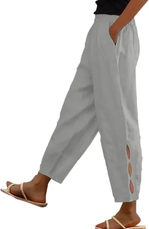 Women's Trendy Linen Pants Summer Casual Loose Elastic Waist Lounge Pants Hollow Out Yoga Beach Trousers with Pockets