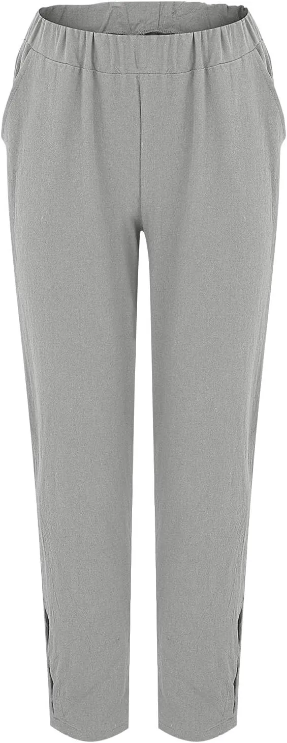 Women's Trendy Linen Pants Summer Casual Loose Elastic Waist Lounge Pants Hollow Out Yoga Beach Trousers with Pockets