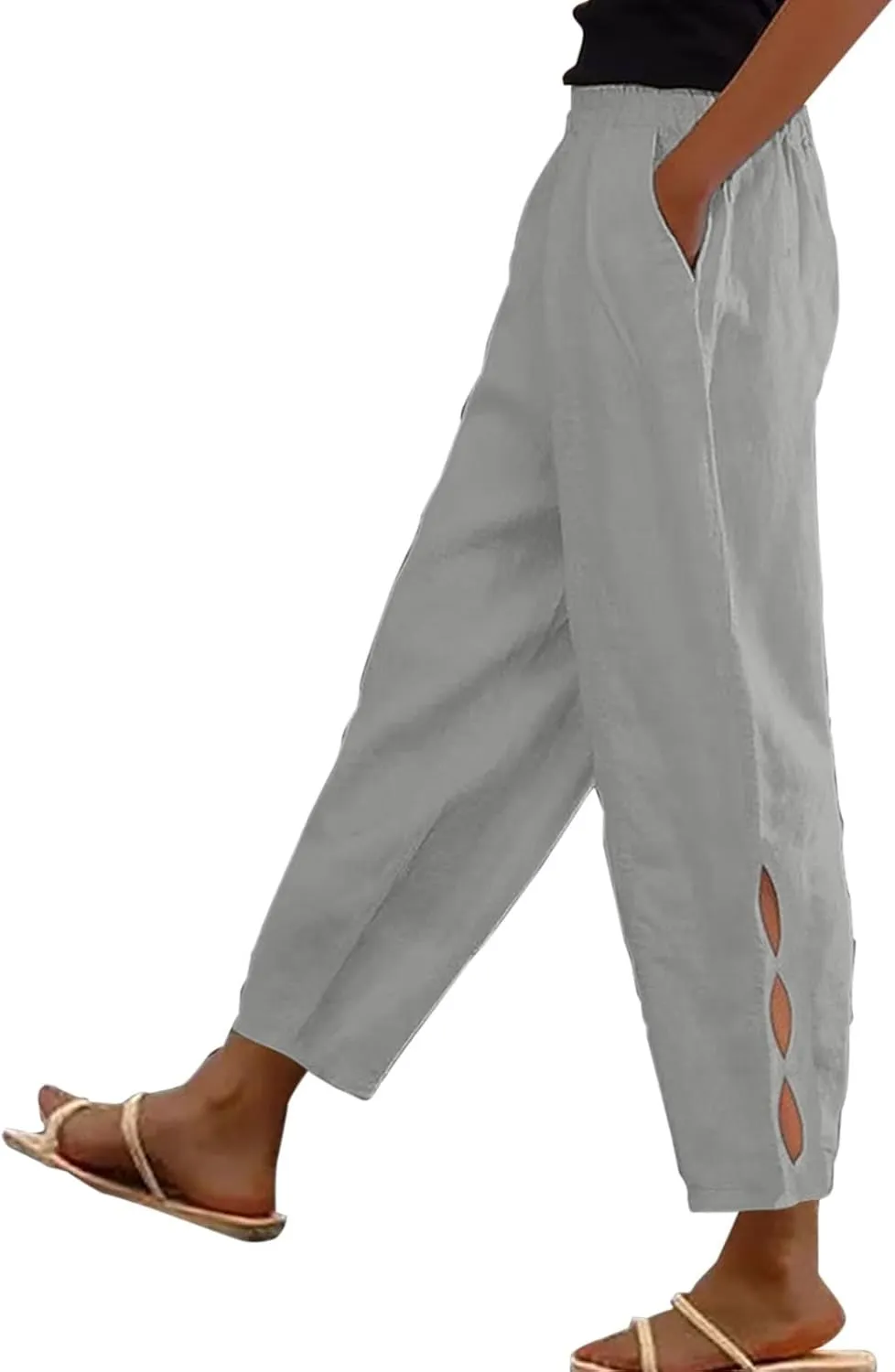 Women's Trendy Linen Pants Summer Casual Loose Elastic Waist Lounge Pants Hollow Out Yoga Beach Trousers with Pockets