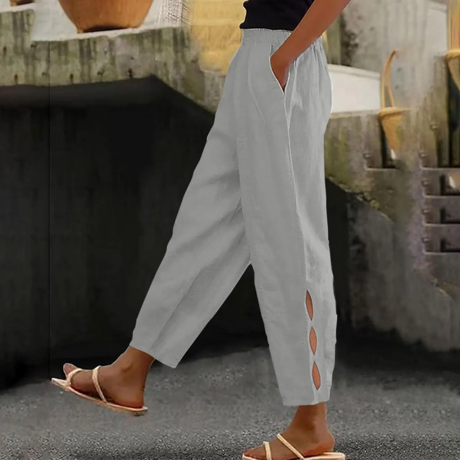Women's Trendy Linen Pants Summer Casual Loose Elastic Waist Lounge Pants Hollow Out Yoga Beach Trousers with Pockets
