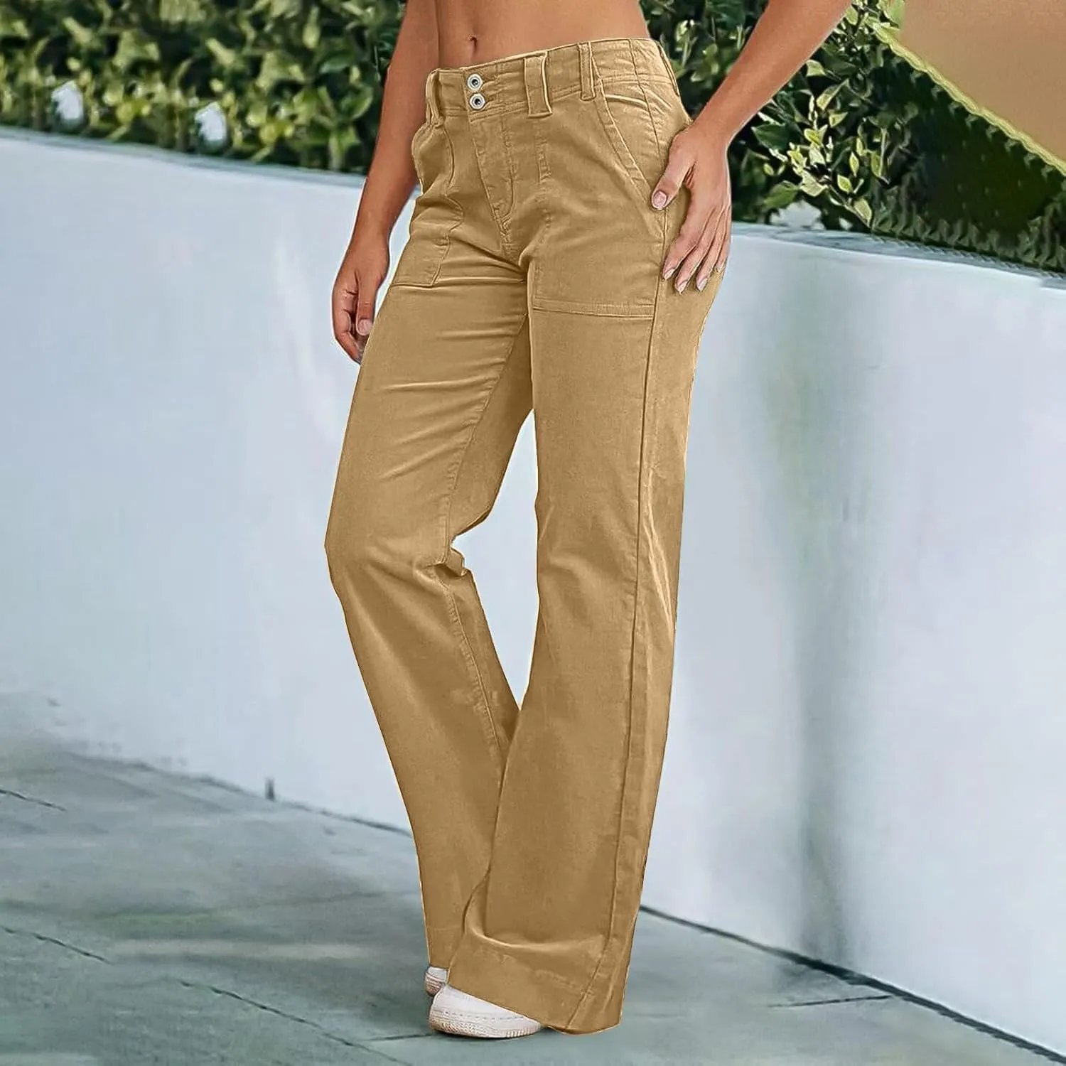 Womens Twill Wide Leg Pants Stretch Casual High Waisted Bootcut Chino Pants Baggy Flare Dress Pants with Pockets
