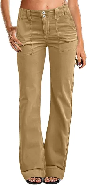 Womens Twill Wide Leg Pants Stretch Casual High Waisted Bootcut Chino Pants Baggy Flare Dress Pants with Pockets