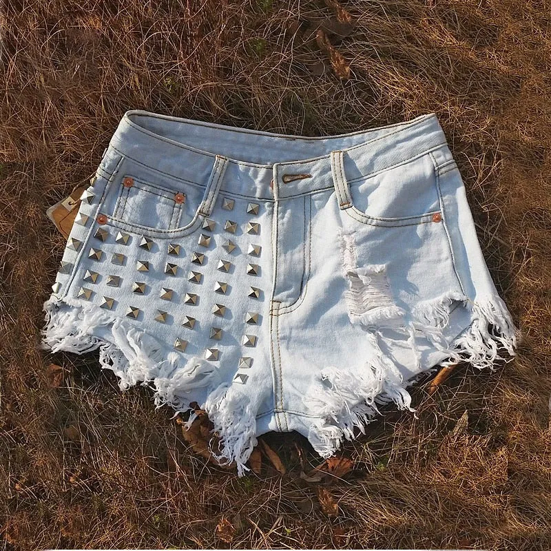 Women's Vintage Tassel Rivet Ripped Loose High Waisted Short Jeans