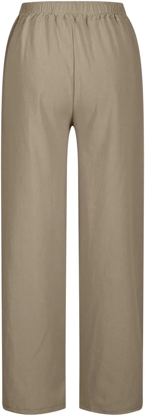 Womens Wide Leg Cotton Linen Pants Side Slit Hem Ankle Length Slacks Casual Elastic Waist Trousers with Pockets