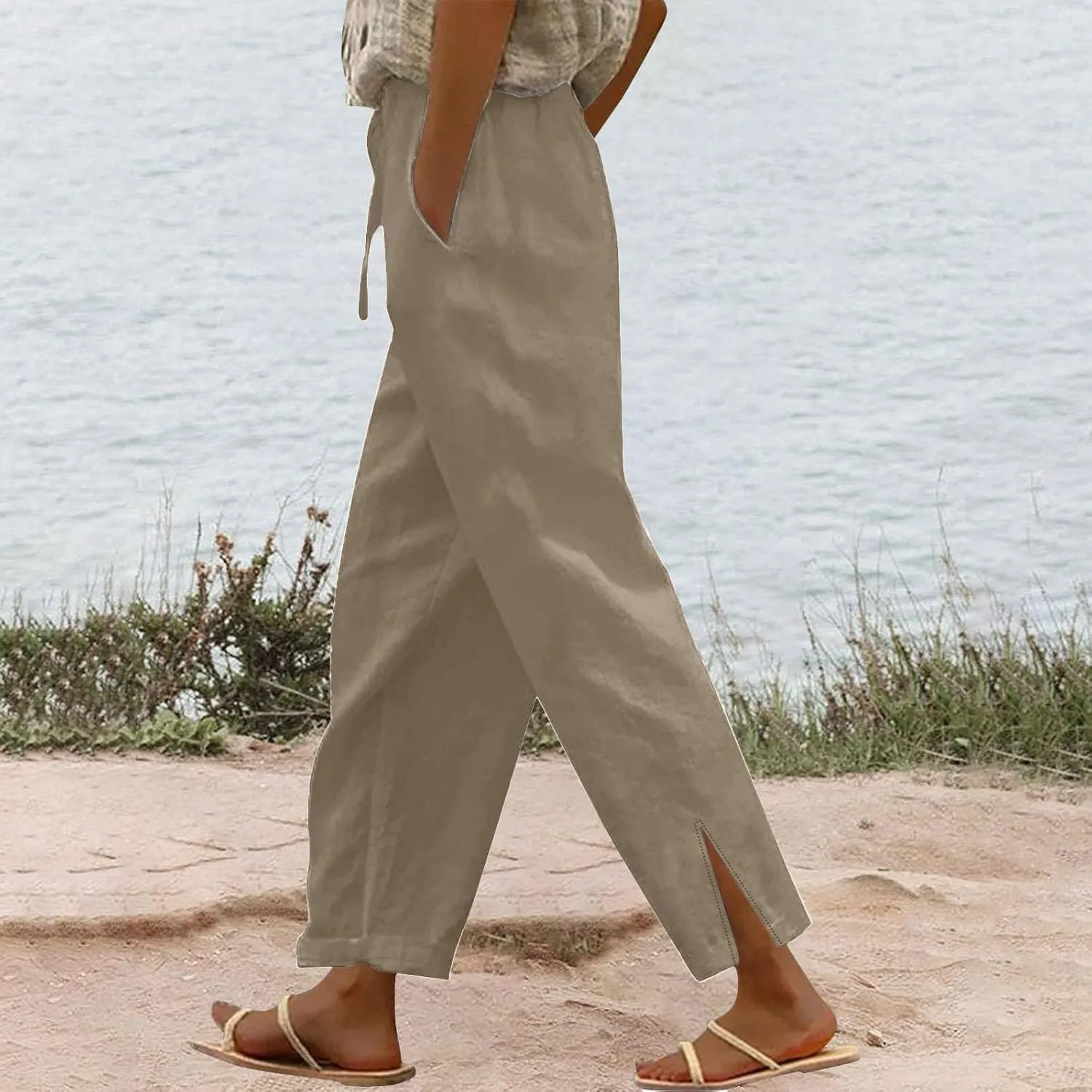 Womens Wide Leg Cotton Linen Pants Side Slit Hem Ankle Length Slacks Casual Elastic Waist Trousers with Pockets