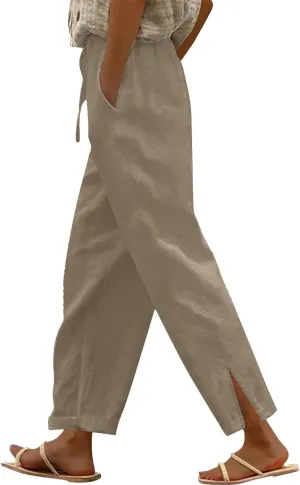 Womens Wide Leg Cotton Linen Pants Side Slit Hem Ankle Length Slacks Casual Elastic Waist Trousers with Pockets
