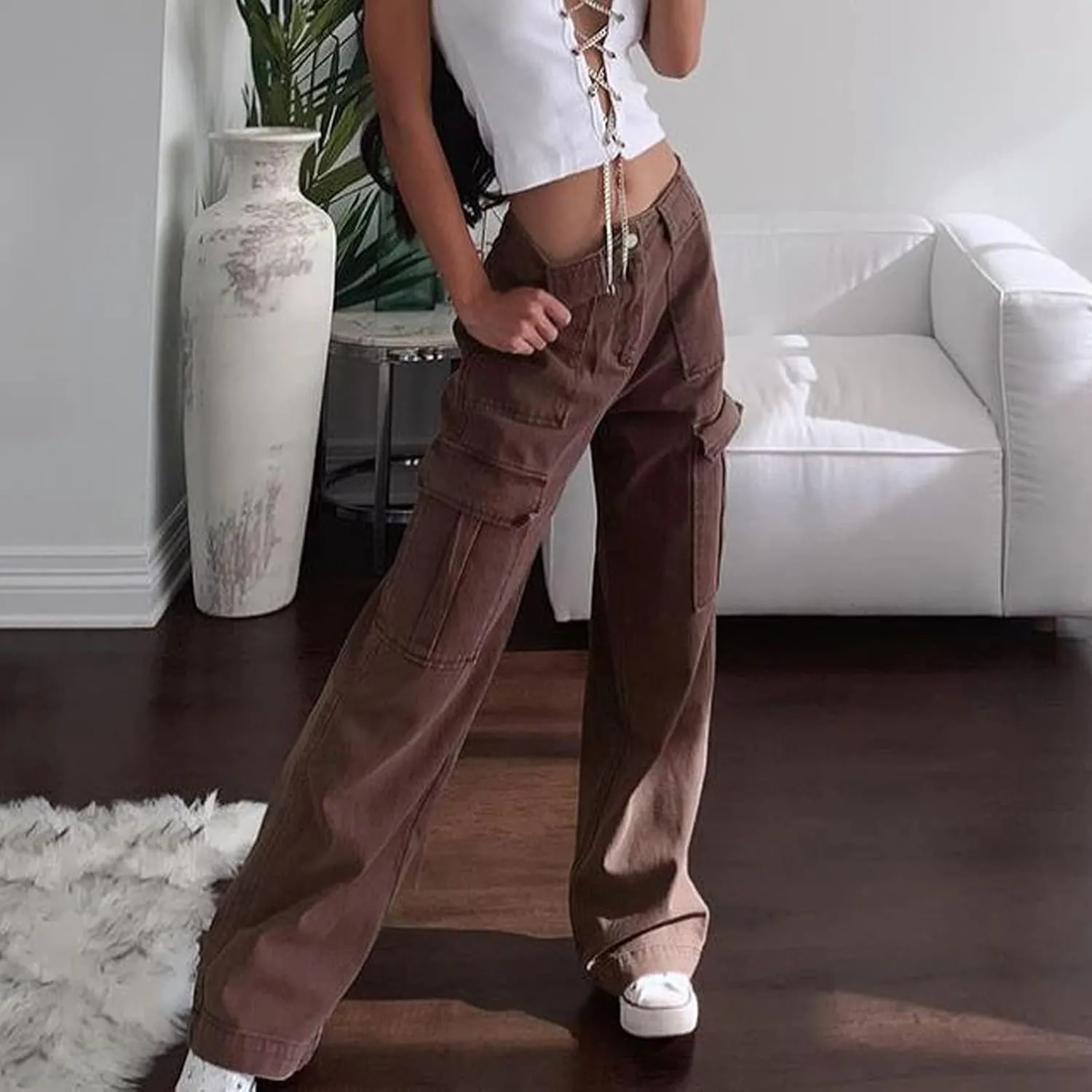 Women's Y2K Fashion Wide Leg High Waist Loose Fit Cargo Jeans Denim Pants Boyfriend Jeans for Teen Girls with Pockets