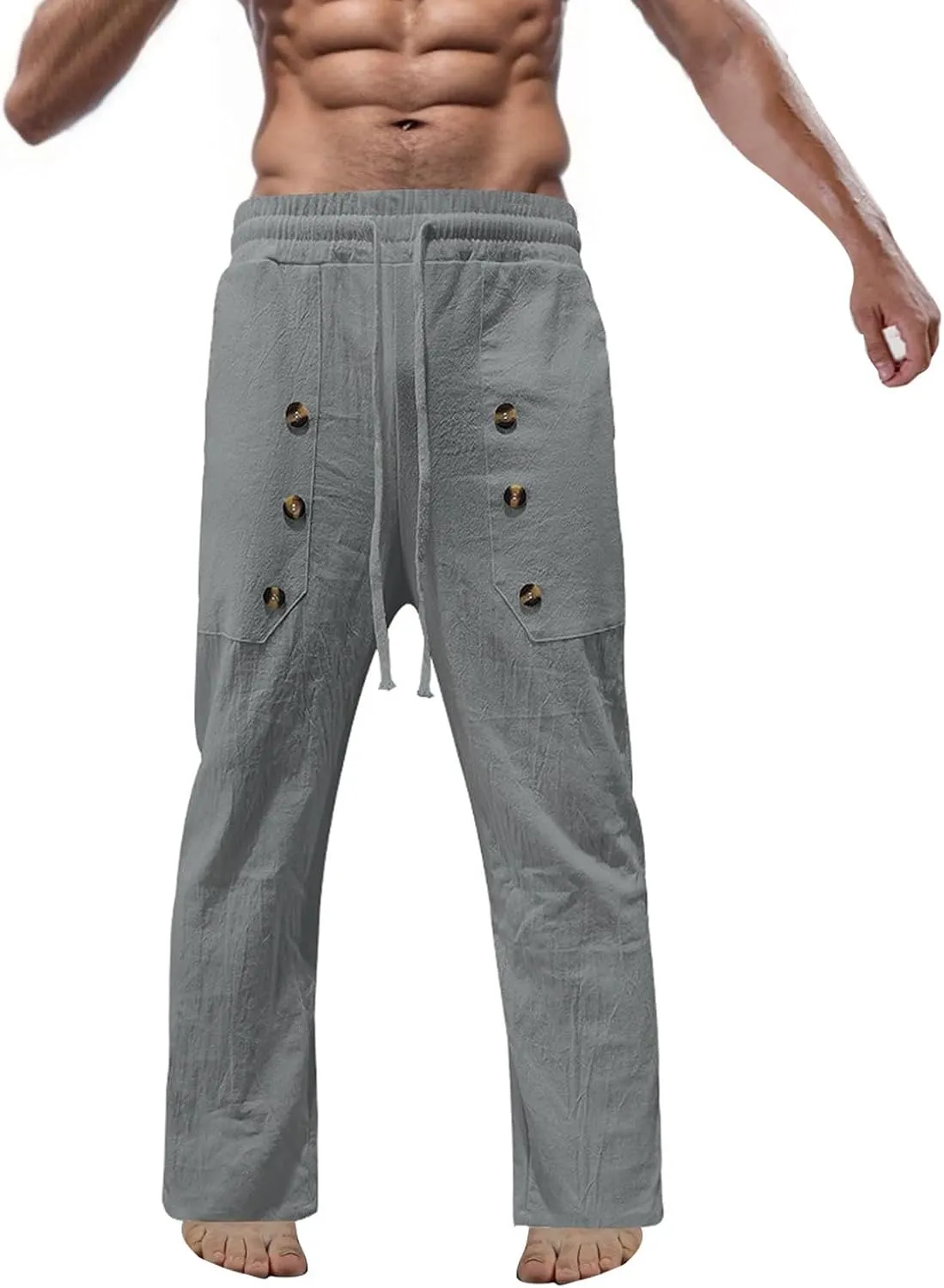 Work Pants for Men Summer Drawstring Casual Linen Pants Elastic Waist Lightweight Big and Tall Sweatpants Pockets