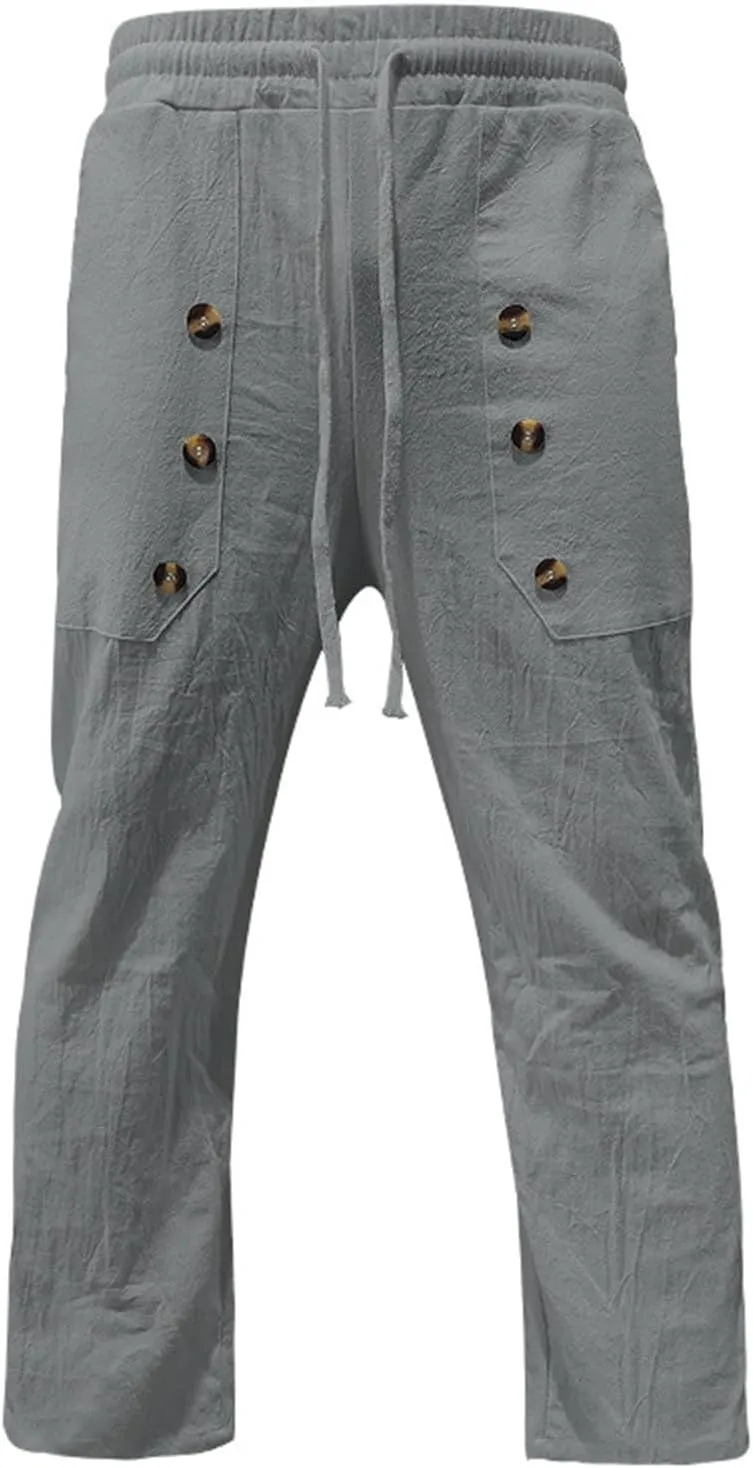 Work Pants for Men Summer Drawstring Casual Linen Pants Elastic Waist Lightweight Big and Tall Sweatpants Pockets