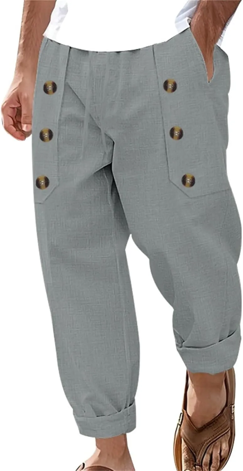 Work Pants for Men Summer Drawstring Casual Linen Pants Elastic Waist Lightweight Big and Tall Sweatpants Pockets