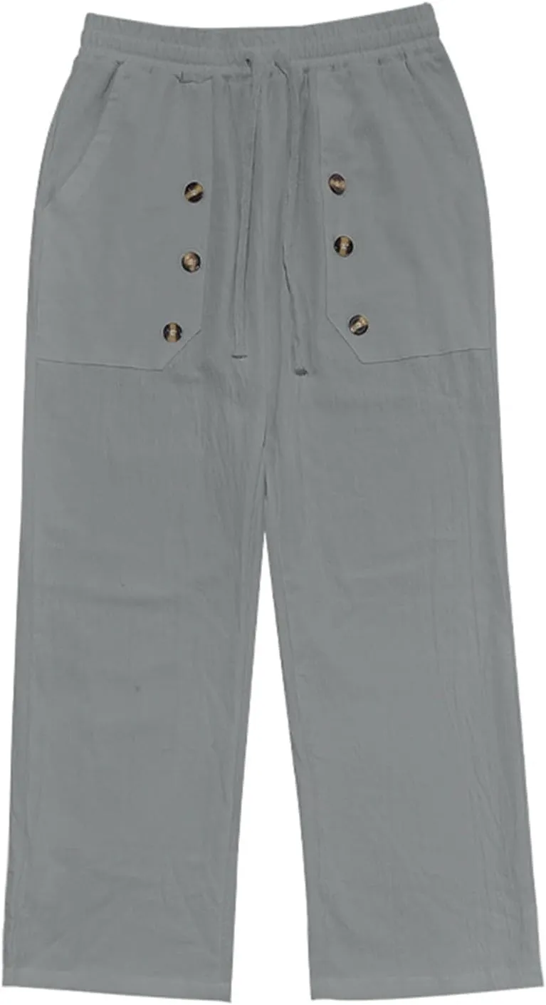 Work Pants for Men Summer Drawstring Casual Linen Pants Elastic Waist Lightweight Big and Tall Sweatpants Pockets