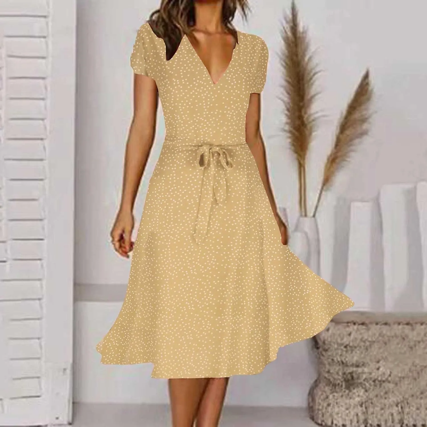 XUNRYAN Bohemian Dresses Women 2024 Summer Casual V-Neck Polka Dots Chiffon Wrap Midi Dress Below Knee Length Trendy Sundress