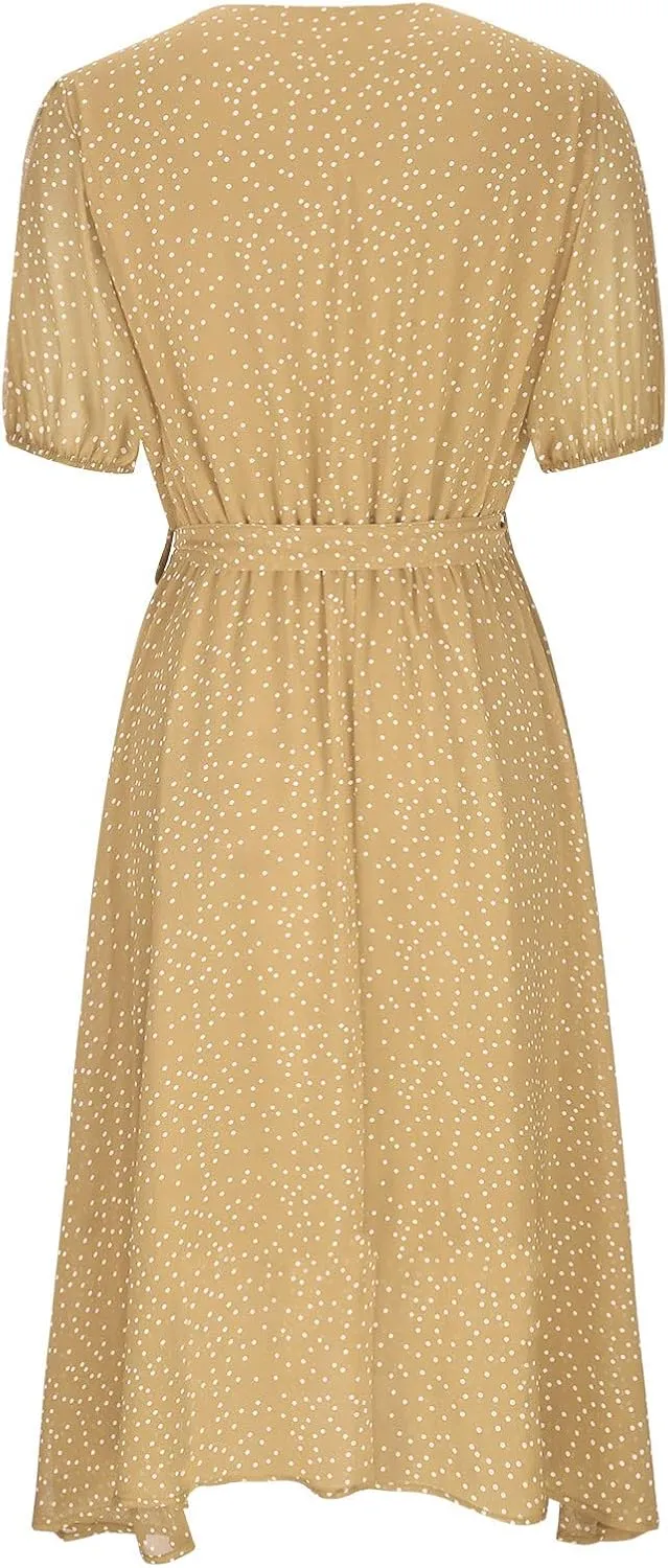 XUNRYAN Bohemian Dresses Women 2024 Summer Casual V-Neck Polka Dots Chiffon Wrap Midi Dress Below Knee Length Trendy Sundress