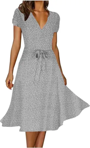 XUNRYAN Bohemian Dresses Women 2024 Summer Casual V-Neck Polka Dots Chiffon Wrap Midi Dress Below Knee Length Trendy Sundress