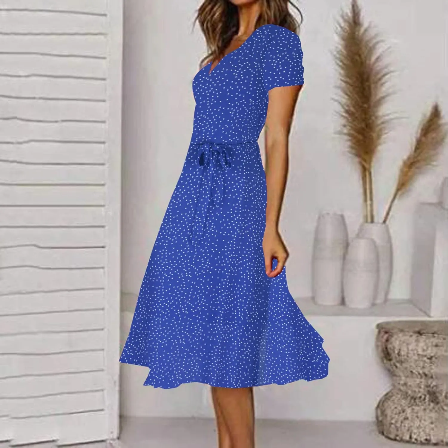 XUNRYAN Bohemian Dresses Women 2024 Summer Casual V-Neck Polka Dots Chiffon Wrap Midi Dress Below Knee Length Trendy Sundress