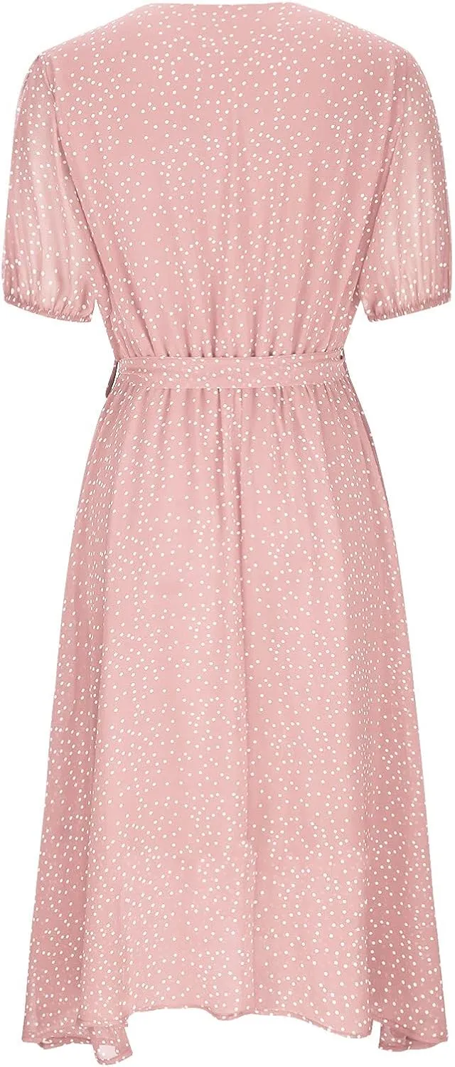 XUNRYAN Bohemian Dresses Women 2024 Summer Casual V-Neck Polka Dots Chiffon Wrap Midi Dress Below Knee Length Trendy Sundress