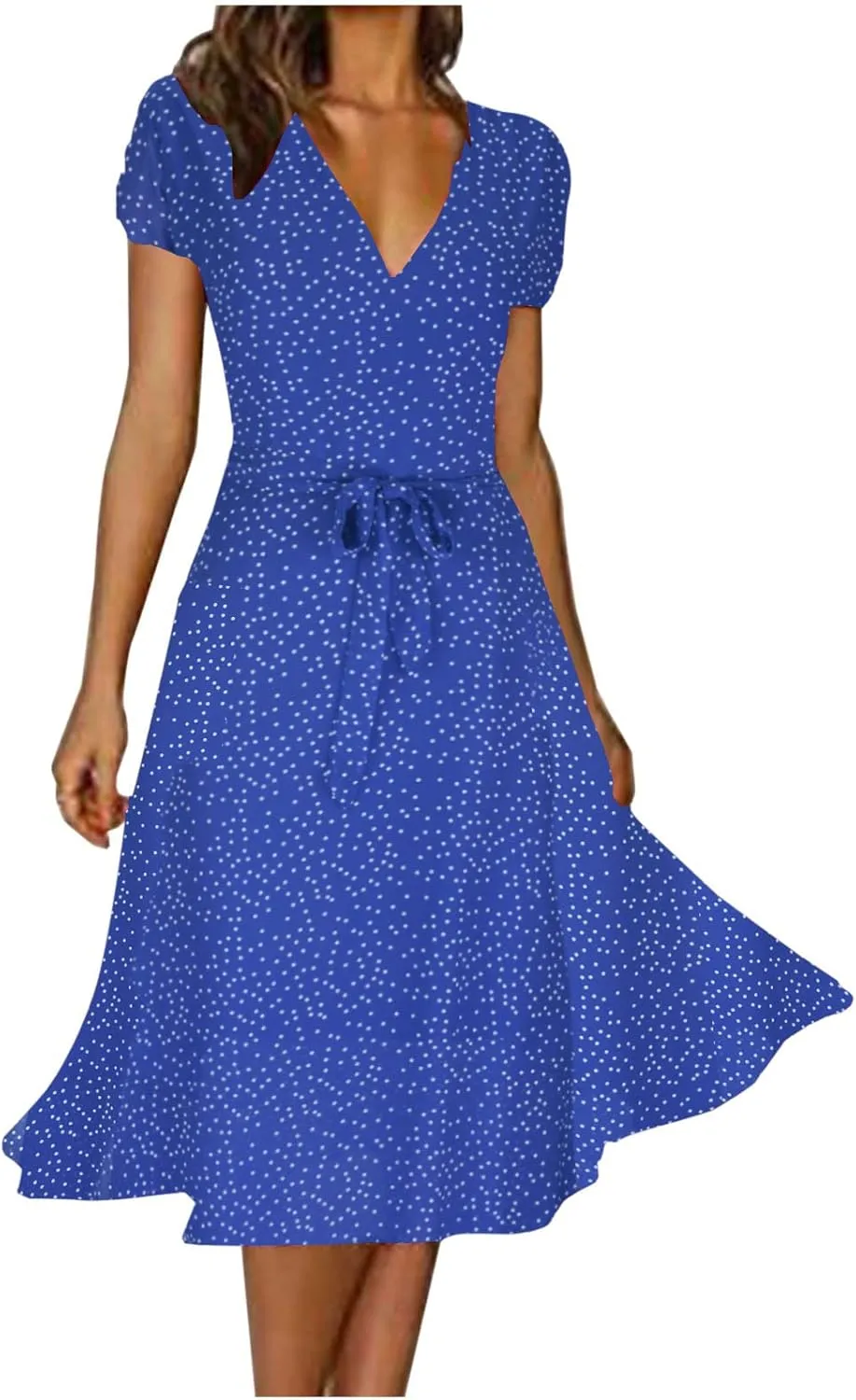 XUNRYAN Bohemian Dresses Women 2024 Summer Casual V-Neck Polka Dots Chiffon Wrap Midi Dress Below Knee Length Trendy Sundress
