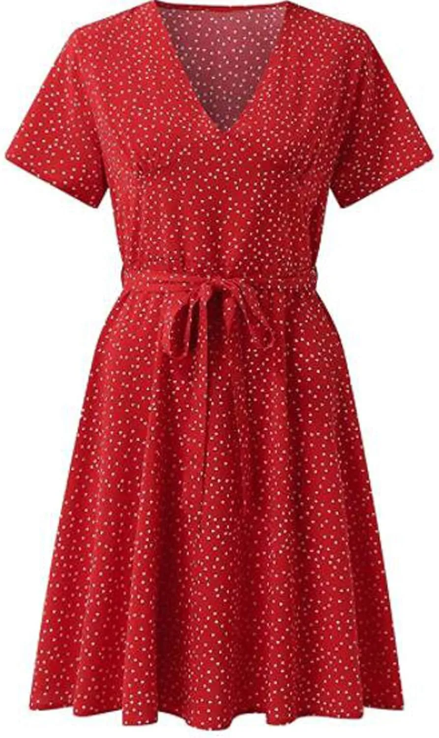 XUNRYAN Bohemian Dresses Women 2024 Summer Casual V-Neck Polka Dots Chiffon Wrap Midi Dress Below Knee Length Trendy Sundress