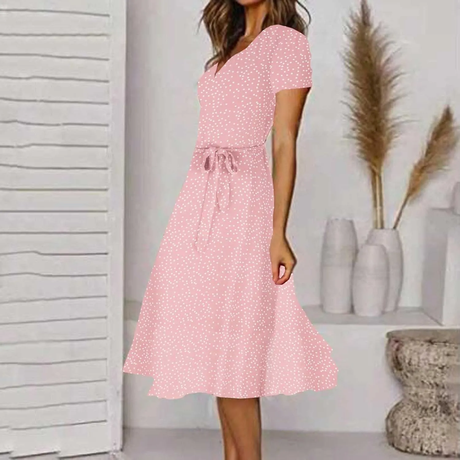 XUNRYAN Bohemian Dresses Women 2024 Summer Casual V-Neck Polka Dots Chiffon Wrap Midi Dress Below Knee Length Trendy Sundress