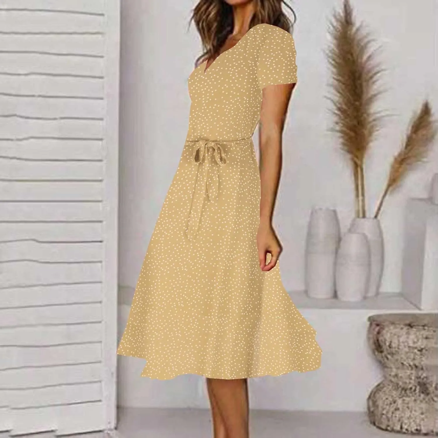 XUNRYAN Bohemian Dresses Women 2024 Summer Casual V-Neck Polka Dots Chiffon Wrap Midi Dress Below Knee Length Trendy Sundress