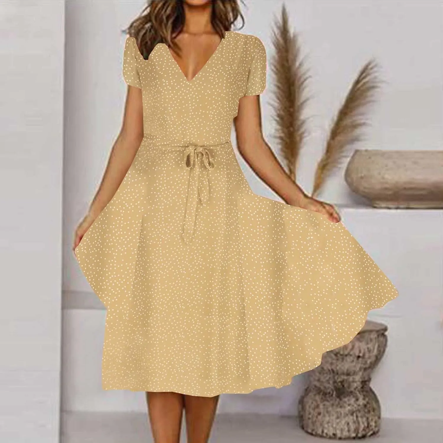 XUNRYAN Bohemian Dresses Women 2024 Summer Casual V-Neck Polka Dots Chiffon Wrap Midi Dress Below Knee Length Trendy Sundress