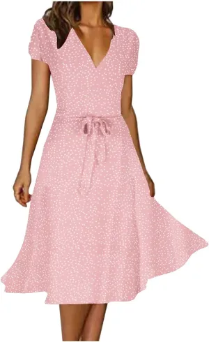 XUNRYAN Bohemian Dresses Women 2024 Summer Casual V-Neck Polka Dots Chiffon Wrap Midi Dress Below Knee Length Trendy Sundress