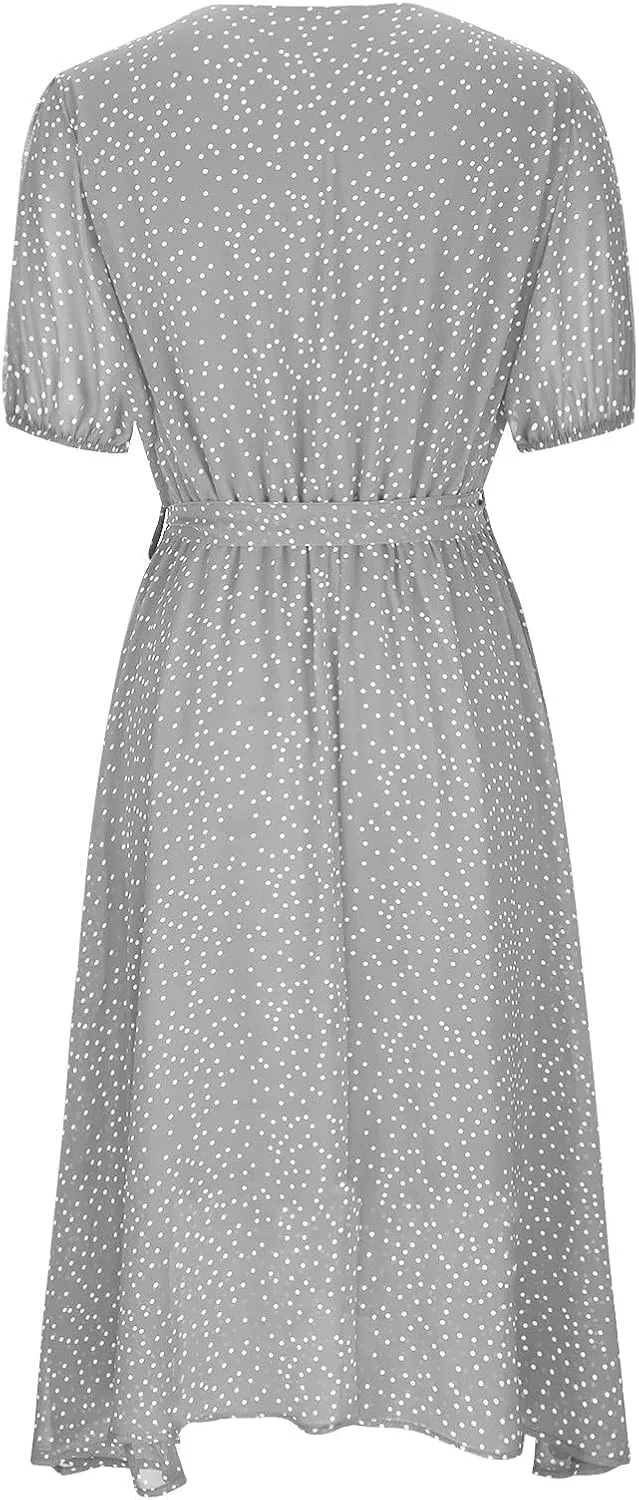 XUNRYAN Bohemian Dresses Women 2024 Summer Casual V-Neck Polka Dots Chiffon Wrap Midi Dress Below Knee Length Trendy Sundress