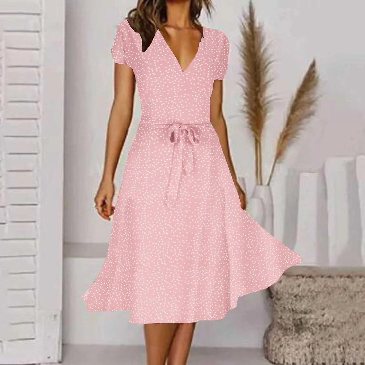 XUNRYAN Bohemian Dresses Women 2024 Summer Casual V-Neck Polka Dots Chiffon Wrap Midi Dress Below Knee Length Trendy Sundress