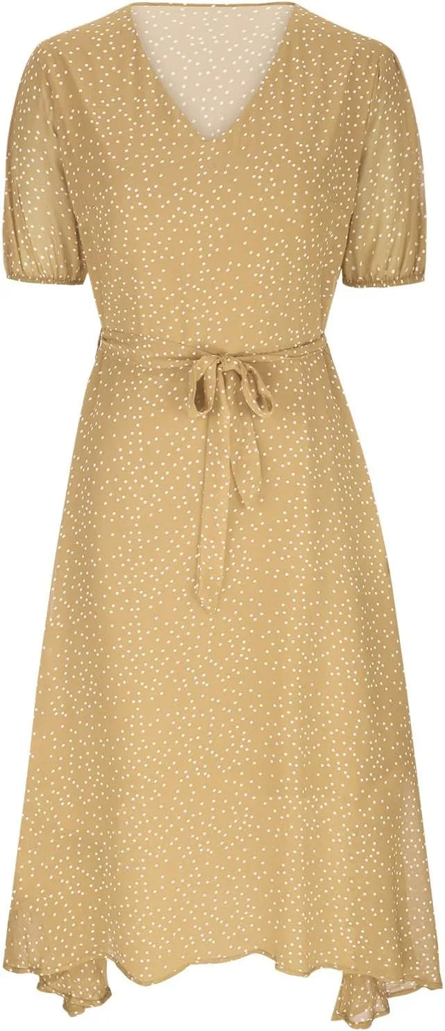 XUNRYAN Bohemian Dresses Women 2024 Summer Casual V-Neck Polka Dots Chiffon Wrap Midi Dress Below Knee Length Trendy Sundress
