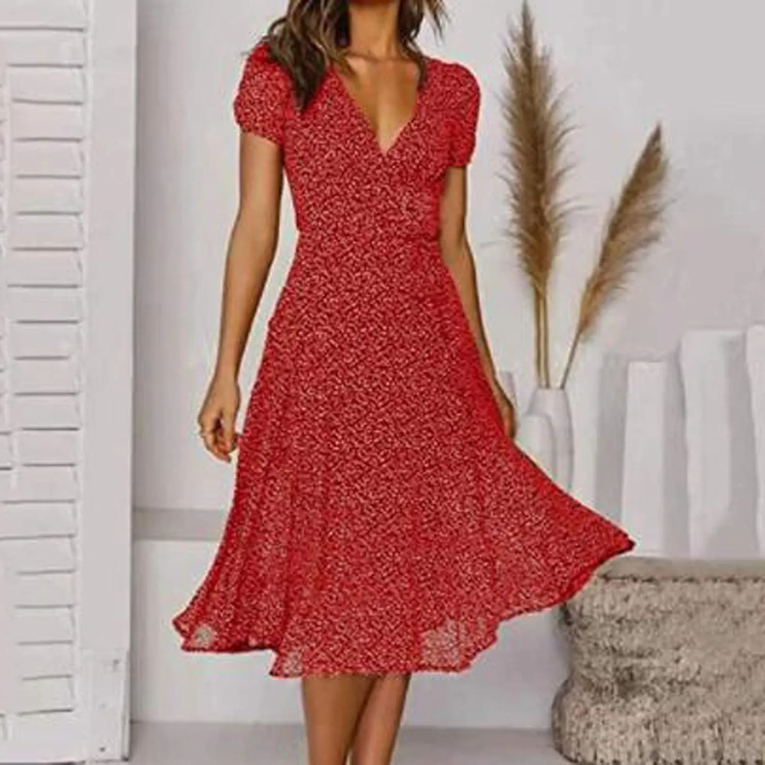 XUNRYAN Bohemian Dresses Women 2024 Summer Casual V-Neck Polka Dots Chiffon Wrap Midi Dress Below Knee Length Trendy Sundress