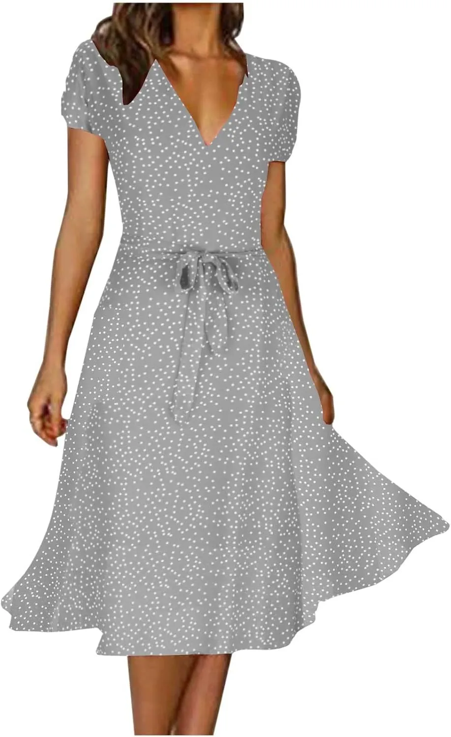 XUNRYAN Bohemian Dresses Women 2024 Summer Casual V-Neck Polka Dots Chiffon Wrap Midi Dress Below Knee Length Trendy Sundress