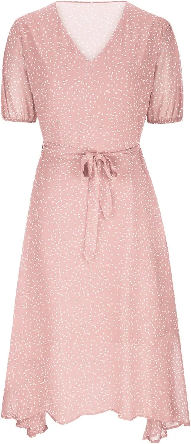 XUNRYAN Bohemian Dresses Women 2024 Summer Casual V-Neck Polka Dots Chiffon Wrap Midi Dress Below Knee Length Trendy Sundress