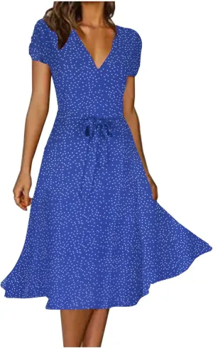 XUNRYAN Bohemian Dresses Women 2024 Summer Casual V-Neck Polka Dots Chiffon Wrap Midi Dress Below Knee Length Trendy Sundress