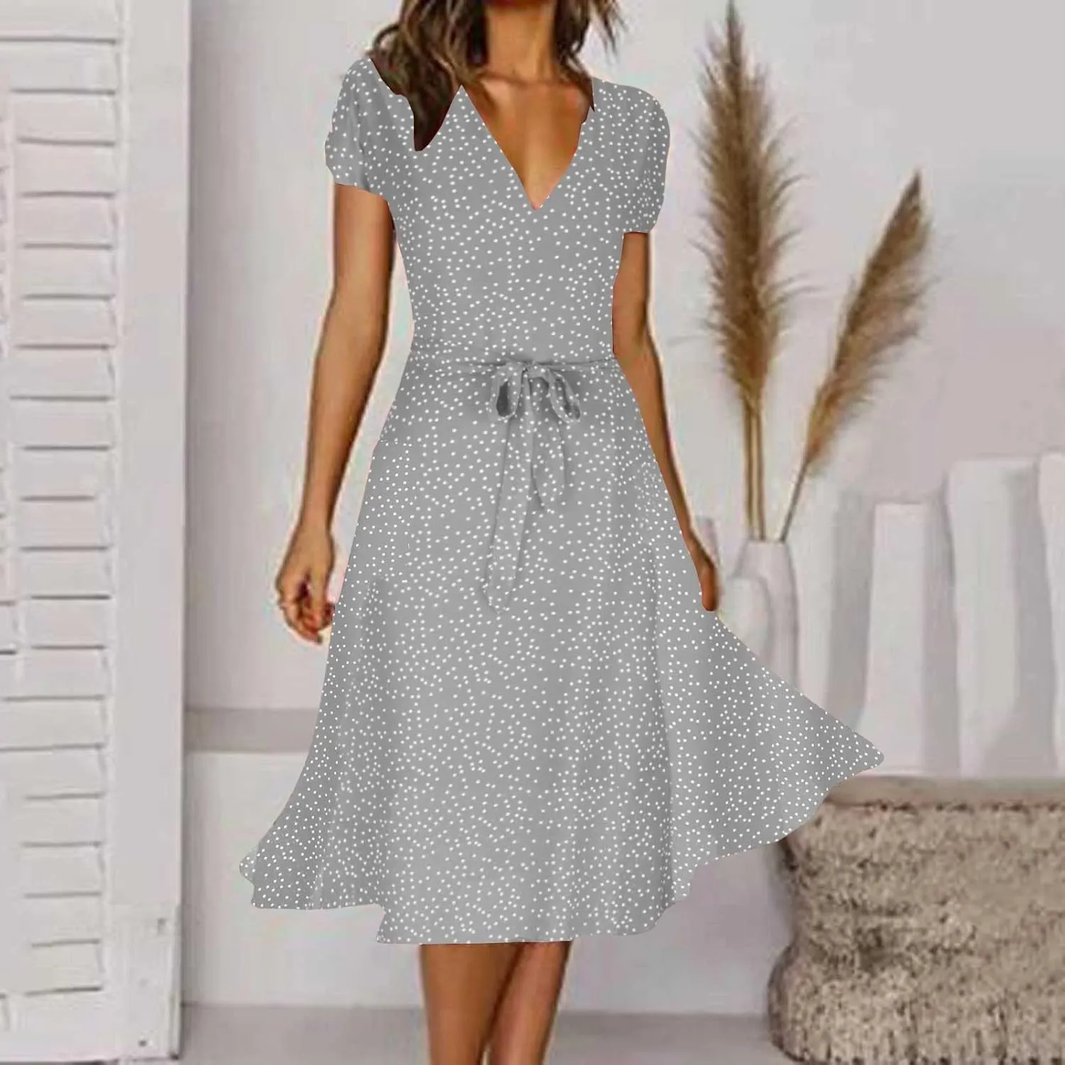 XUNRYAN Bohemian Dresses Women 2024 Summer Casual V-Neck Polka Dots Chiffon Wrap Midi Dress Below Knee Length Trendy Sundress