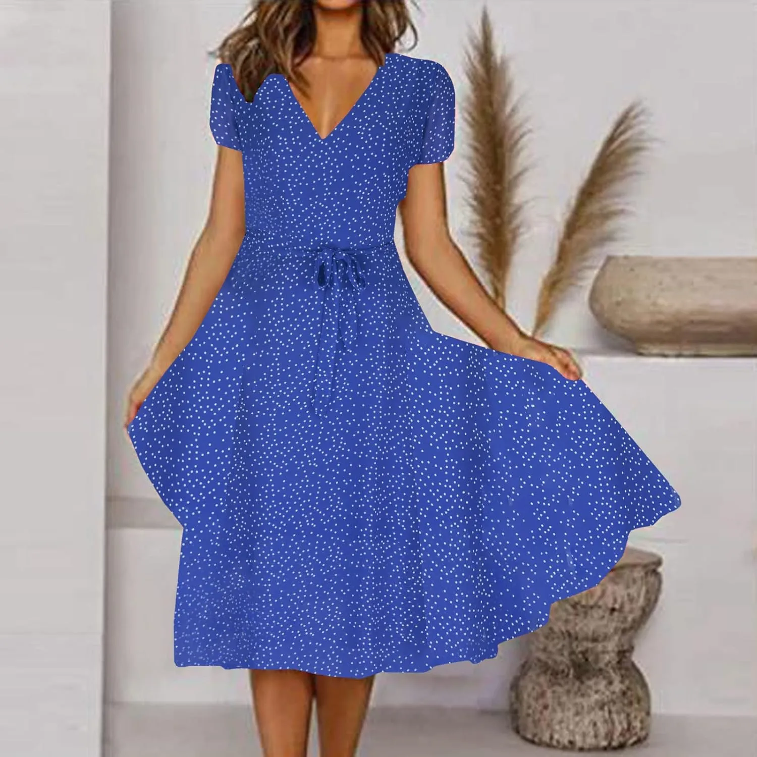 XUNRYAN Bohemian Dresses Women 2024 Summer Casual V-Neck Polka Dots Chiffon Wrap Midi Dress Below Knee Length Trendy Sundress
