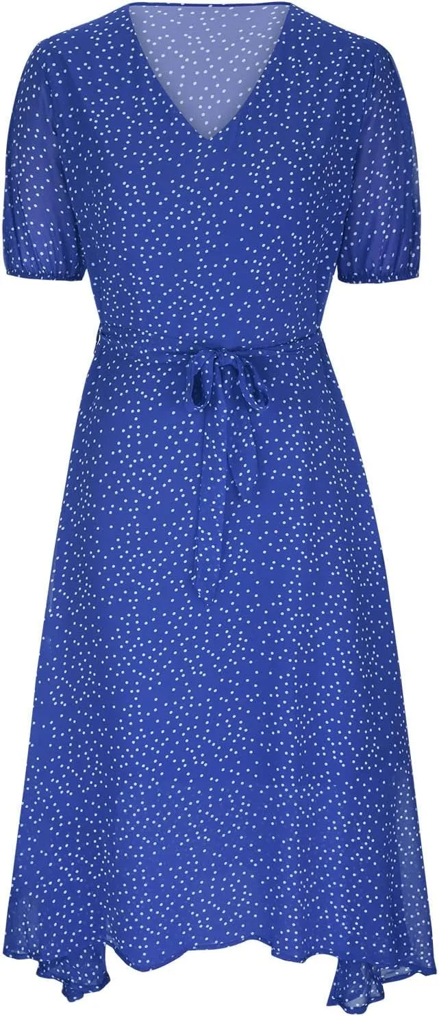 XUNRYAN Bohemian Dresses Women 2024 Summer Casual V-Neck Polka Dots Chiffon Wrap Midi Dress Below Knee Length Trendy Sundress