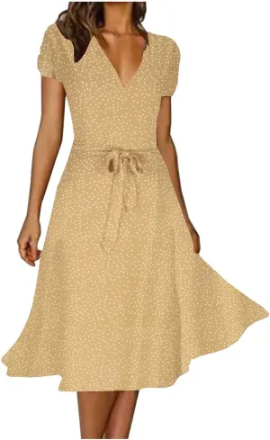 XUNRYAN Bohemian Dresses Women 2024 Summer Casual V-Neck Polka Dots Chiffon Wrap Midi Dress Below Knee Length Trendy Sundress
