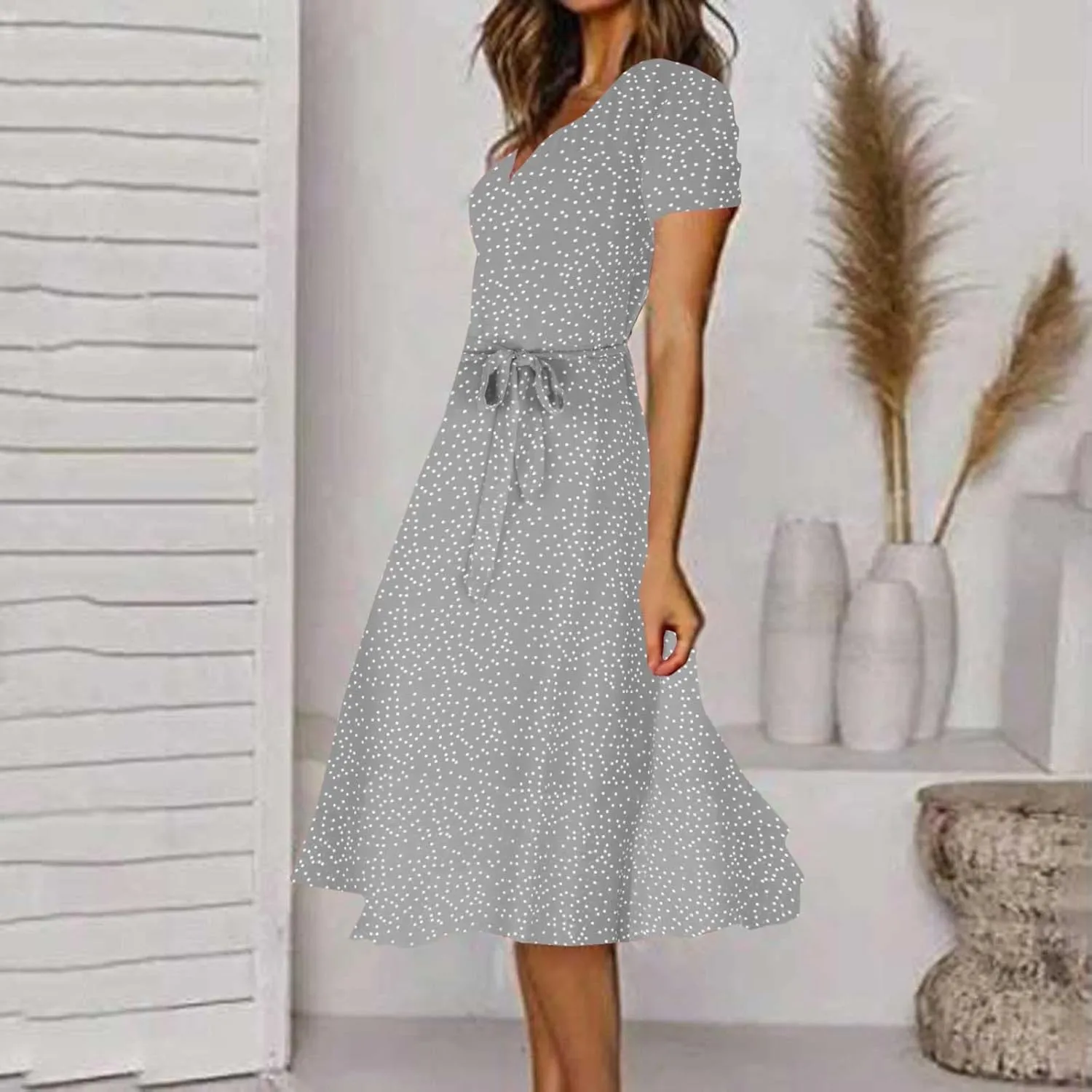 XUNRYAN Bohemian Dresses Women 2024 Summer Casual V-Neck Polka Dots Chiffon Wrap Midi Dress Below Knee Length Trendy Sundress