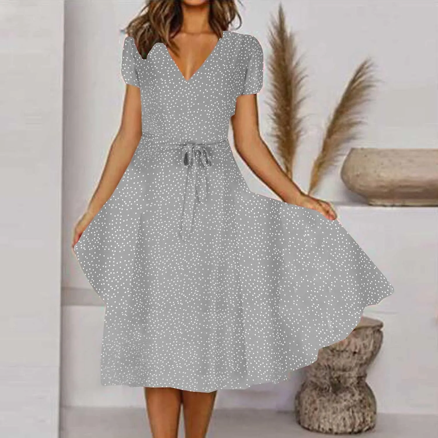 XUNRYAN Bohemian Dresses Women 2024 Summer Casual V-Neck Polka Dots Chiffon Wrap Midi Dress Below Knee Length Trendy Sundress