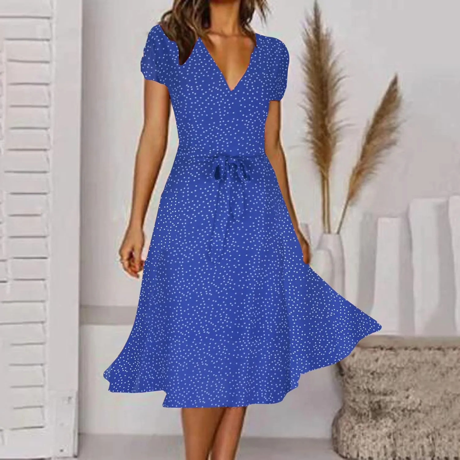 XUNRYAN Bohemian Dresses Women 2024 Summer Casual V-Neck Polka Dots Chiffon Wrap Midi Dress Below Knee Length Trendy Sundress