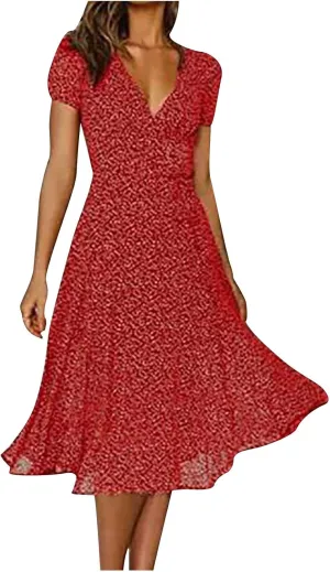 XUNRYAN Bohemian Dresses Women 2024 Summer Casual V-Neck Polka Dots Chiffon Wrap Midi Dress Below Knee Length Trendy Sundress