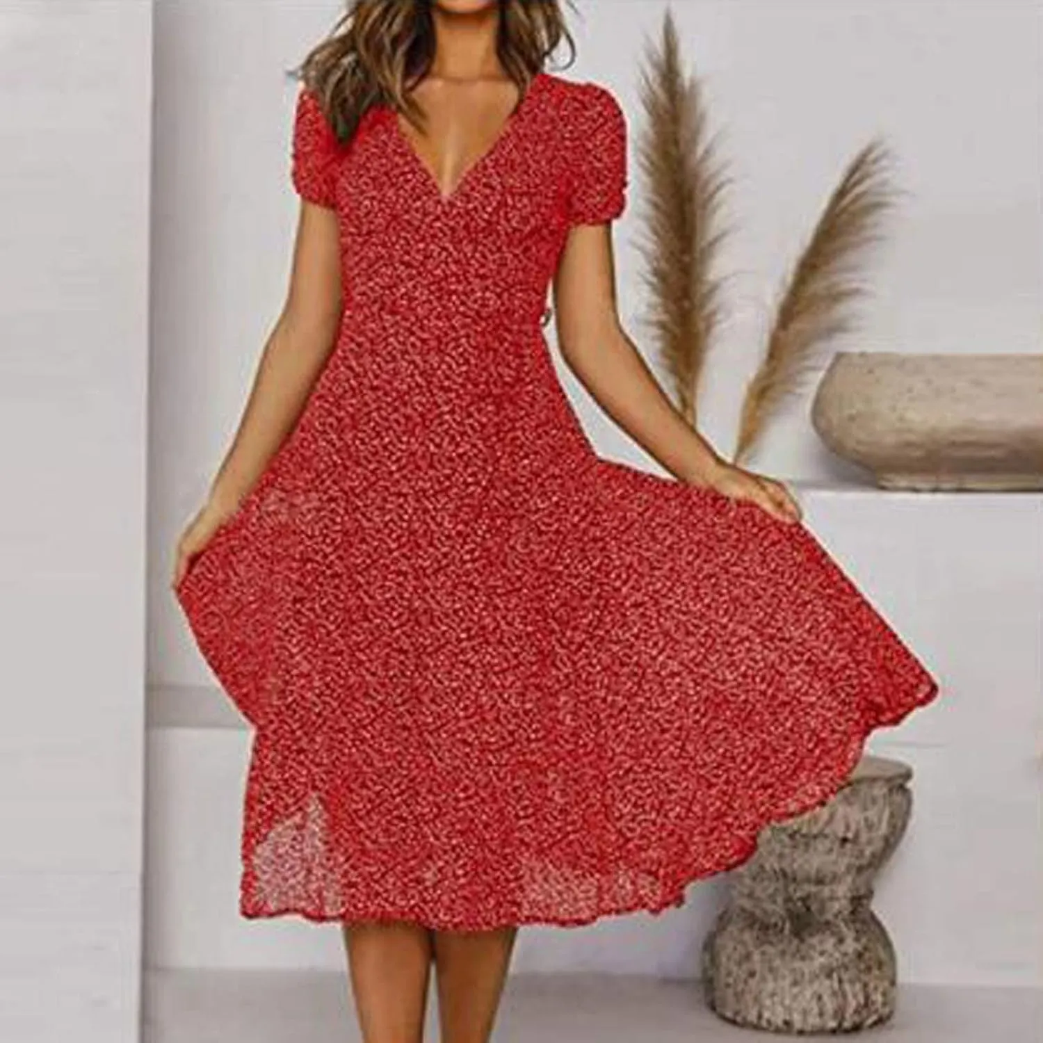 XUNRYAN Bohemian Dresses Women 2024 Summer Casual V-Neck Polka Dots Chiffon Wrap Midi Dress Below Knee Length Trendy Sundress