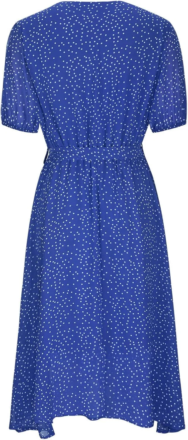 XUNRYAN Bohemian Dresses Women 2024 Summer Casual V-Neck Polka Dots Chiffon Wrap Midi Dress Below Knee Length Trendy Sundress