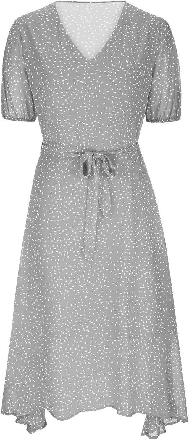 XUNRYAN Bohemian Dresses Women 2024 Summer Casual V-Neck Polka Dots Chiffon Wrap Midi Dress Below Knee Length Trendy Sundress