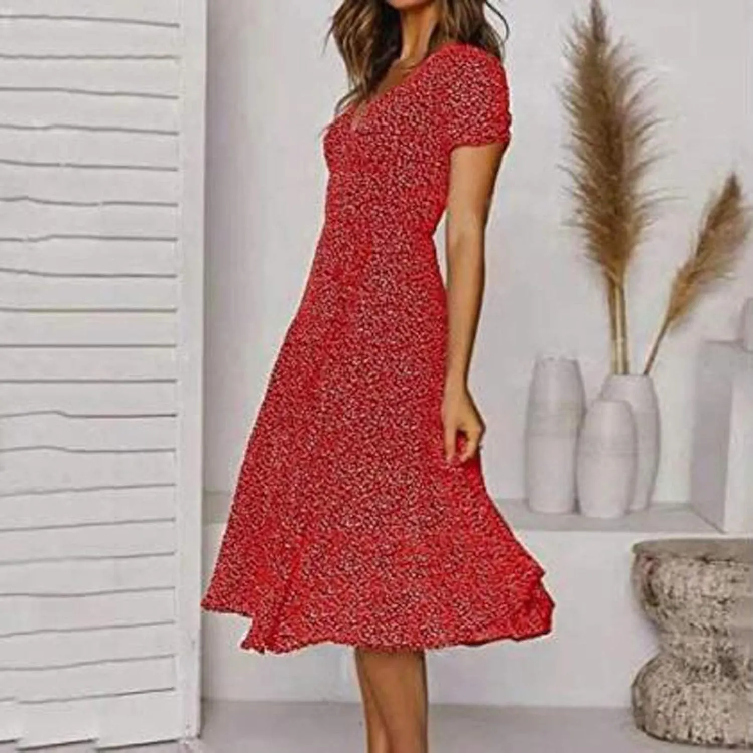 XUNRYAN Bohemian Dresses Women 2024 Summer Casual V-Neck Polka Dots Chiffon Wrap Midi Dress Below Knee Length Trendy Sundress