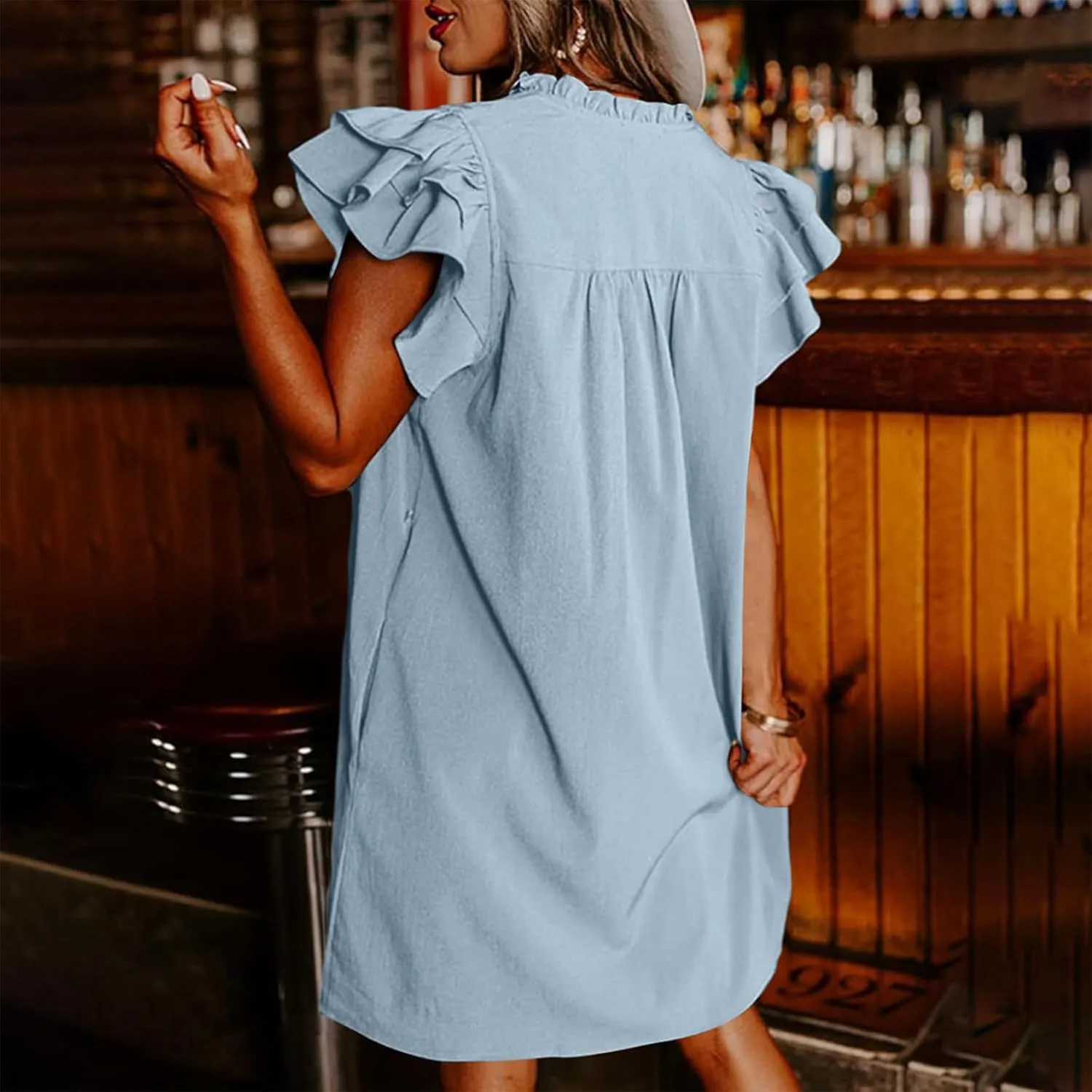 XUNRYAN Summer Dresses Womens 2025 V Neck Ruffle Cap Sleeve Mini Dress Casual Flowy Pleated A Line Sundress Fashion Clothes