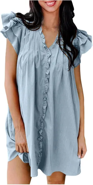 XUNRYAN Summer Dresses Womens 2025 V Neck Ruffle Cap Sleeve Mini Dress Casual Flowy Pleated A Line Sundress Fashion Clothes